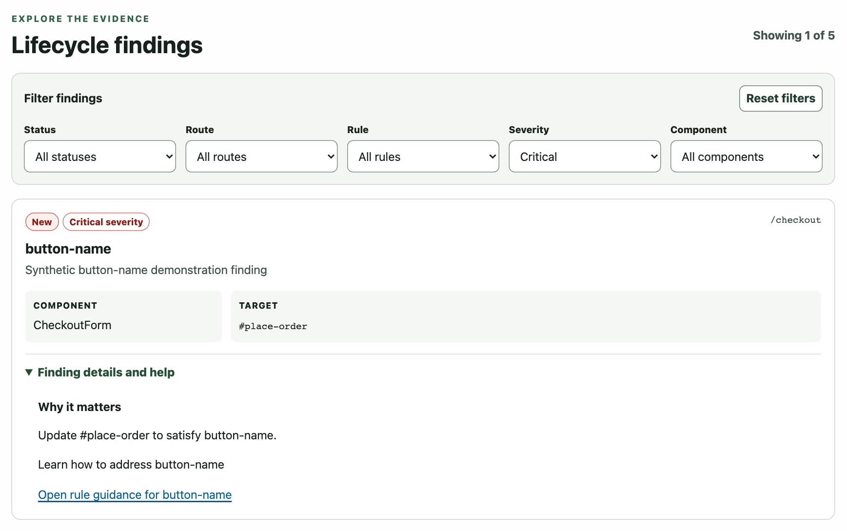 AccessLens dashboard filtered to critical findings, with an expanded accessibility issue showing its component, target, and rule guidance.
